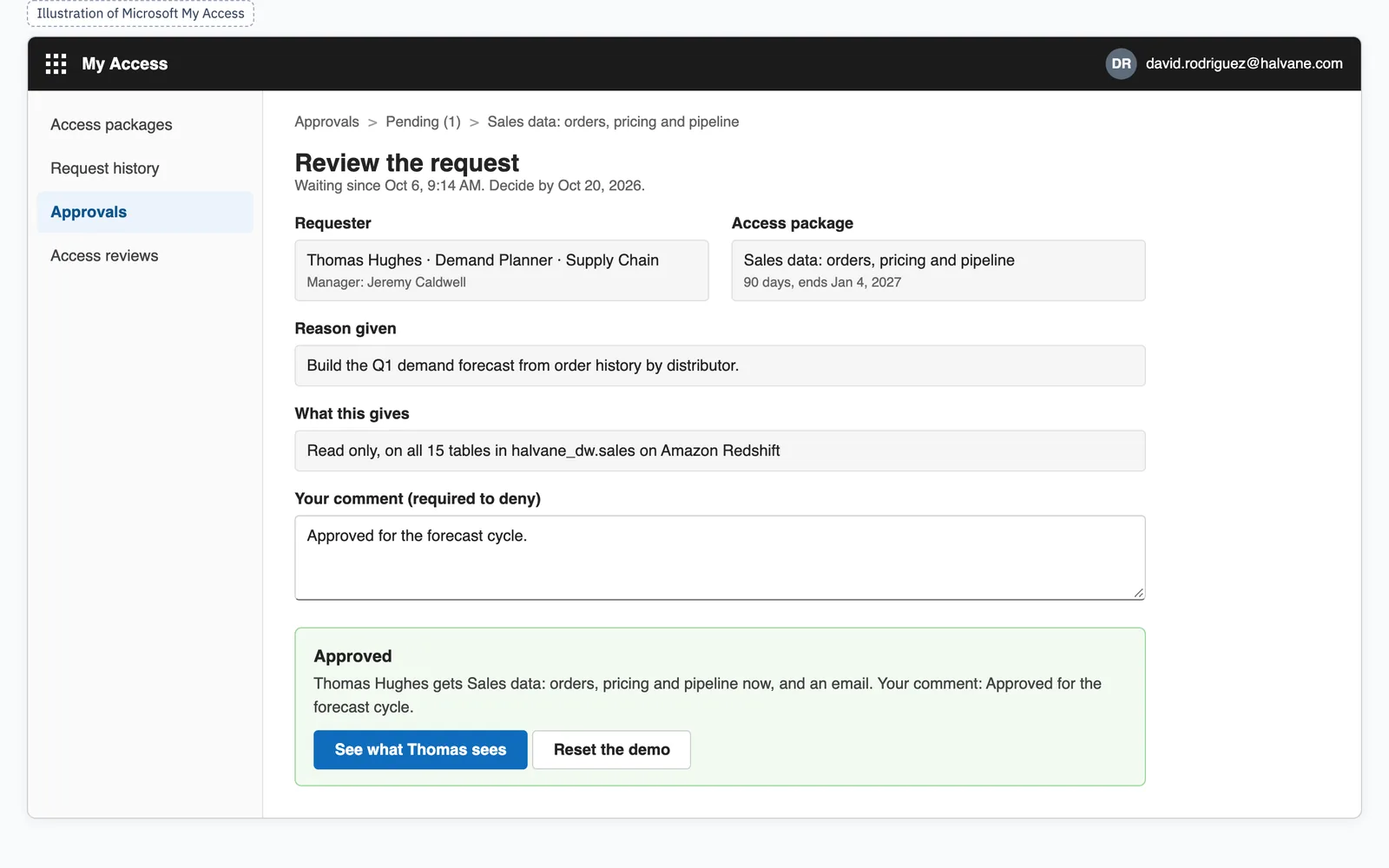 Illustration with a fictional company. My Access approval screen: the requester and their manager, the sales data requested, the reason, what the access opens, the owner's comment, and the request approved.