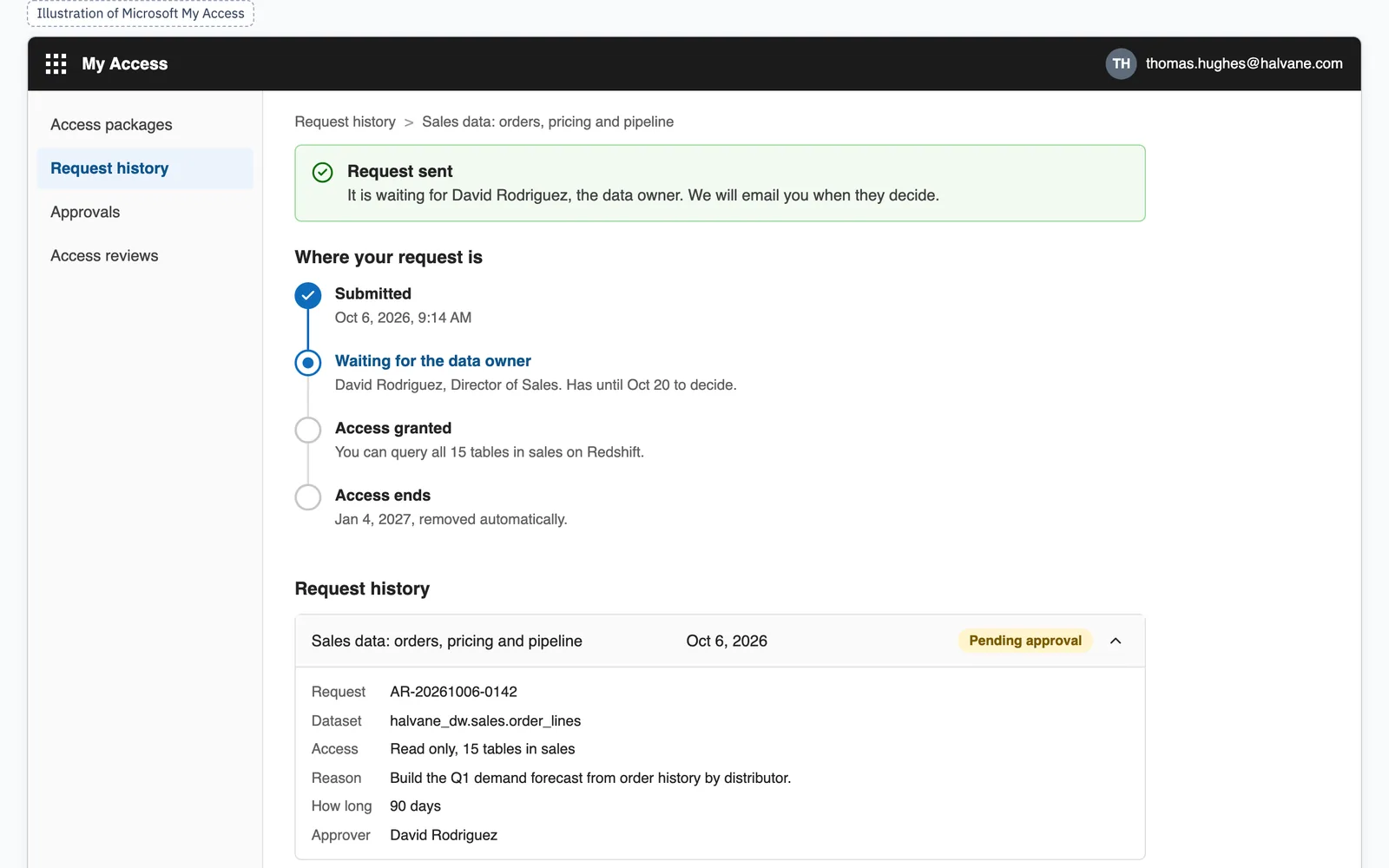 Illustration with a fictional company. Thomas's request history in My Access: waiting for the data owner, with the date he must decide by, then access approved and the date it ends.