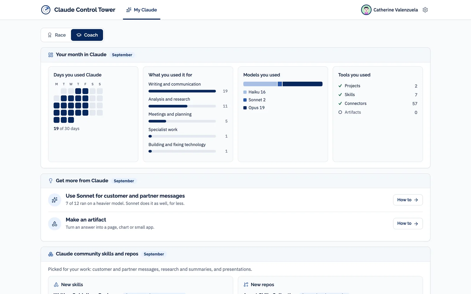 Demonstration data for a fictional company. My Claude Coach view: days used, what the person used Claude for, which models, and two tips for next month